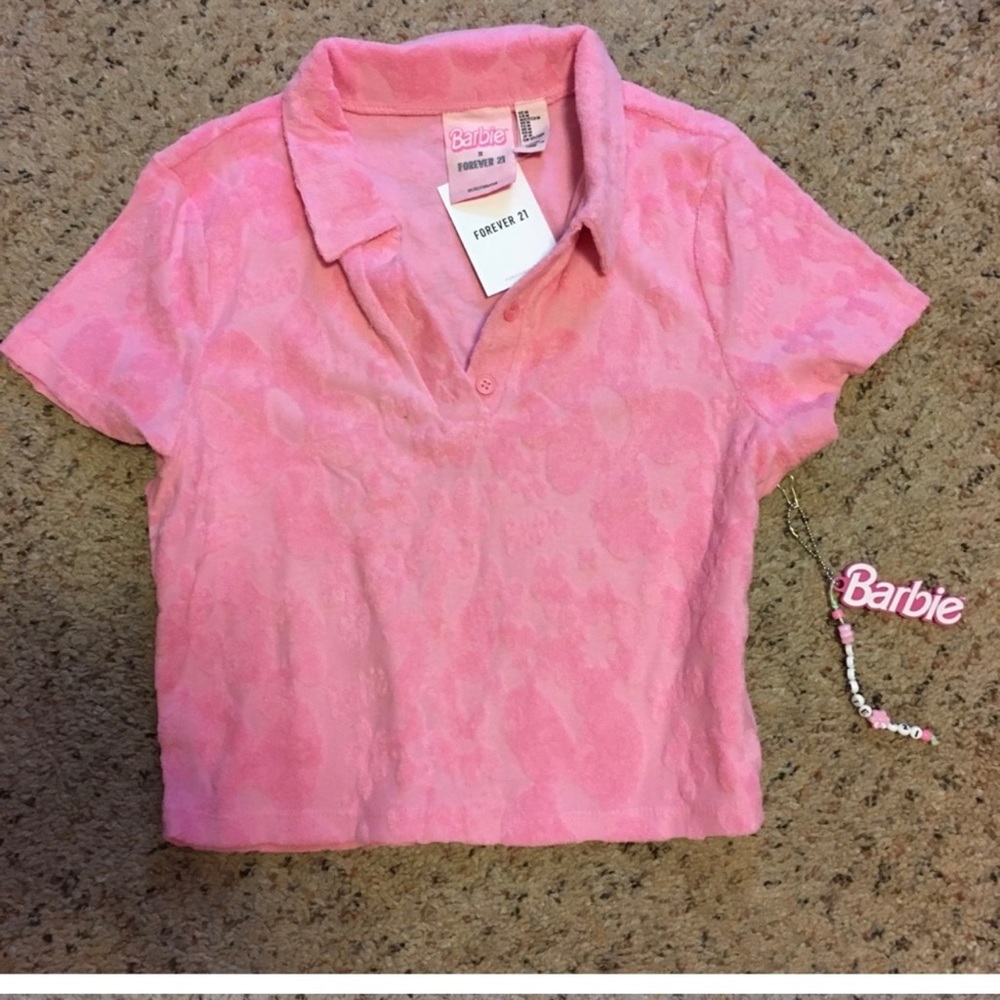 Barbie terry pink floral print cropped polo collared shirt Forever 21 collab